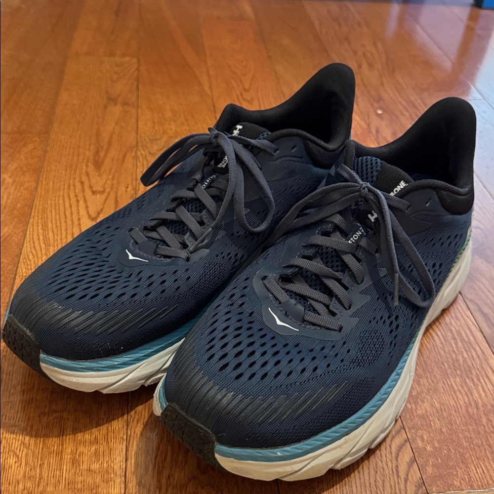 Men’s Hoka One One Navy and Green Sneakers, 12